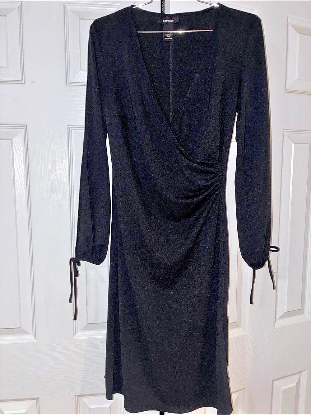 Express Black Long-Sleeve Wrap Style Dress with Tie Cuffs Midi Dress